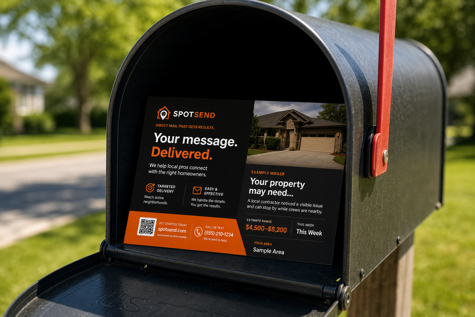 SpotSend postcard delivered inside a mailbox